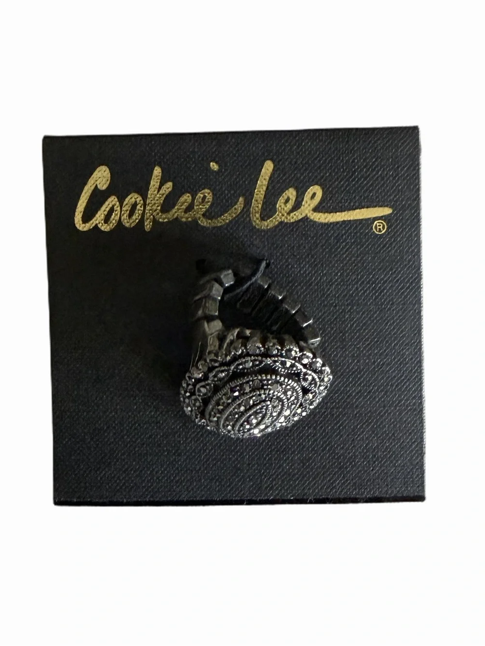 Cookie Lee Silver Tone Stretch Ring with Marcasite-Look Oval Statement Design